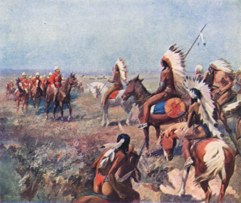 Eversti Macleod, Luoteis-Lännen kuninkaallisen ratsupoliisin eversti Macleod, intiaanien kanssa Fort Macleodissa (värilitografia). tekijältä English School