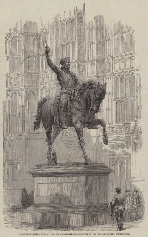 Richard Coeur de Lionin kolossaalinen patsas, Baron Marochetti, vanhassa palatsipihassa, Westminster (kaiverrus) tekijältä English School