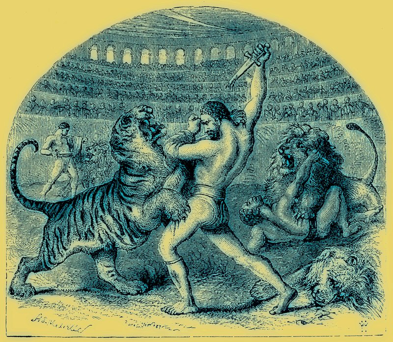 Gladiaattorien taistelu luonnonvaraisten eläinten kanssa, kuvitus teoksesta The Illustrated History of the World, julkaistu n. 1880 (digitaalisesti paranneltu kuva) tekijältä English School