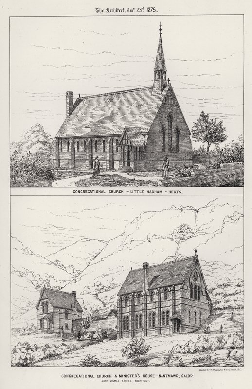 Seurakuntakirkko, Little Hadham, Herts; Seurakuntakirkko ja ministeritalo, Nantmawr, Salop (kaiverrus) tekijältä English School