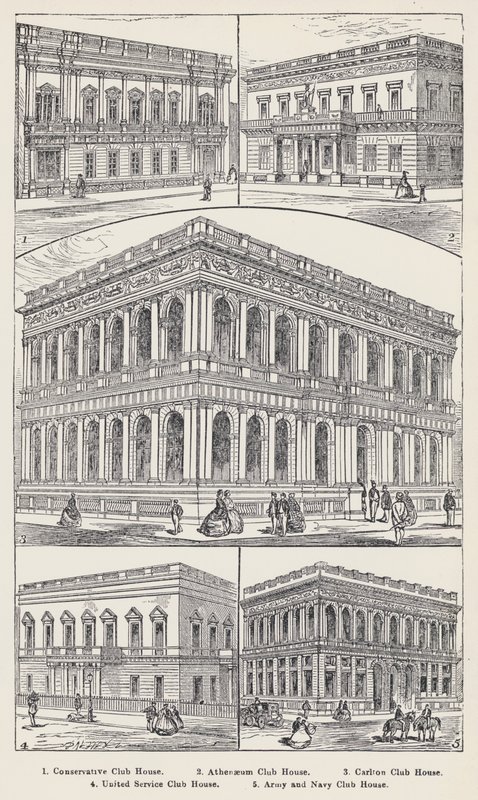 Konservatiivinen klubitalo, Athenaeum Club House, Carlton Club House, United Service Club House, Army and Navy Club House (kaiverrus) tekijältä English School