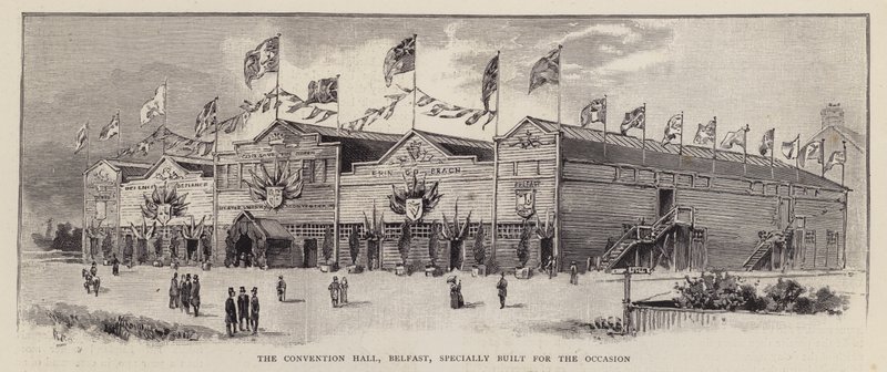 Kongressihalli, Belfast, rakennettu vuonna 1892 Ulsterin unionistikonventtia varten, ja se pidettiin osoittamaan Ulsterin unionistit vastustavat Irlannin kotisääntöä (litho) tekijältä English School