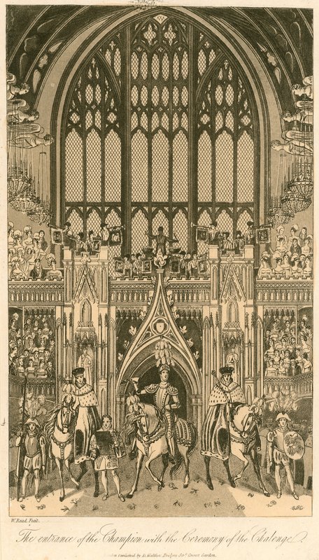 Kuningas Yrjö IV:n kruunausjuhla Westminster Hallissa, 17. heinäkuuta 1821; Mestarin sisäänkäynti haasteseremonialla tekijältä English School