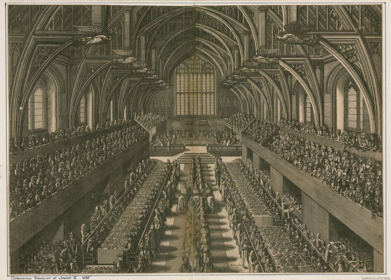 James II:n kruunajaiset 1685 Westminster Hallissa Lontoossa tekijältä English School