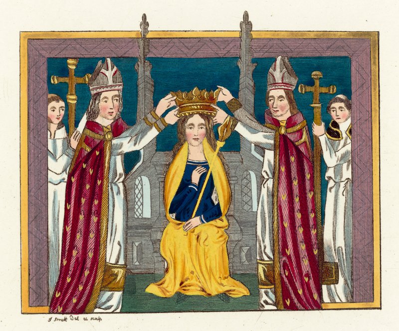Anne Of Bohemia kruunaus (värillinen kaiverrus) tekijältä English School