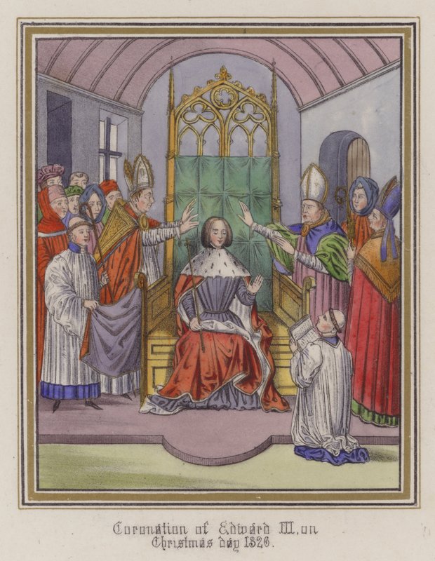 Kuningas Edward III:n kruunaus joulupäivänä 1326 (värinen kaiverrus) tekijältä English School