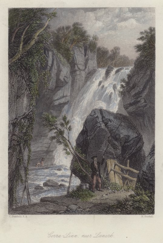 Corra Linn, lähellä Lanarkia, Skotlanti (värillinen kaiverrus) tekijältä English School