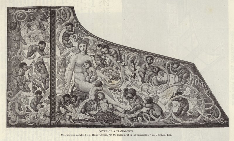 Pianoforten kansi, jonka on suunnitellut ja maalannut Edward Burne-Jones tekijältä English School