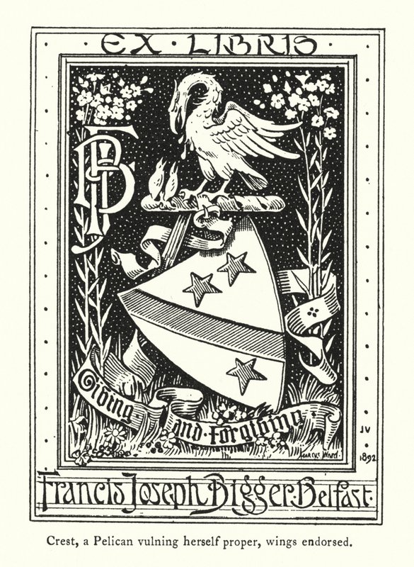 Crest, pelikaani, joka haavoittelee itseään, siivet merkitty (kaiverrus) tekijältä English School