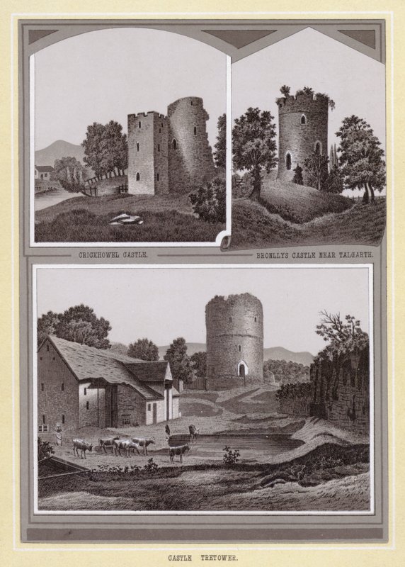 Crickhowelin linna; Bronllysin linna lähellä Talgarthia; Castle Tretower (litho) tekijältä English School