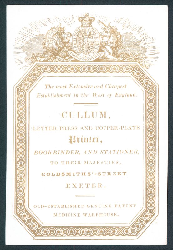 Cullum, Letter-Press ja Copper-Plate Printer, kauppakortti tekijältä English School