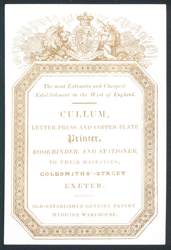 Cullum, Letter-Press ja Copper-Plate Printer, kauppakortti tekijältä English School