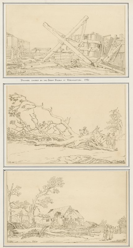 Suuren myrskyn aiheuttamat vahingot Roehamptonissa, 1780 (muste paperille) tekijältä English School