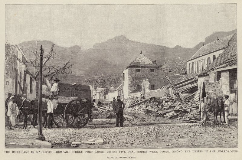 Vuoden 1892 Mauritiuksen sykloni aiheutti vahinkoa Rempart Streetille Port Louisissa. tekijältä English School