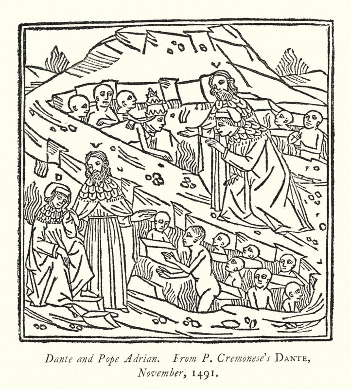 Dante ja paavi Adrian, P Cremonesen Dante, marraskuu 1491 (kaiverrus) tekijältä English School