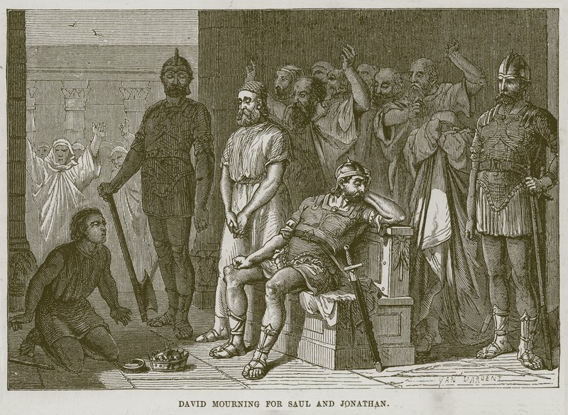 Daavid suree Saulia ja Jonatania, esimerkki The Childs Biblesta, n. 1880 tekijältä English School