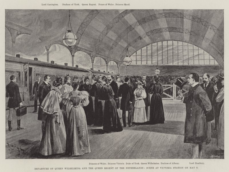 Kuningatar Wilhelminan ja Alankomaiden kuningatar Regentin lähtö, kohtaus Victorian asemalla 9. toukokuuta (litho) tekijältä English School