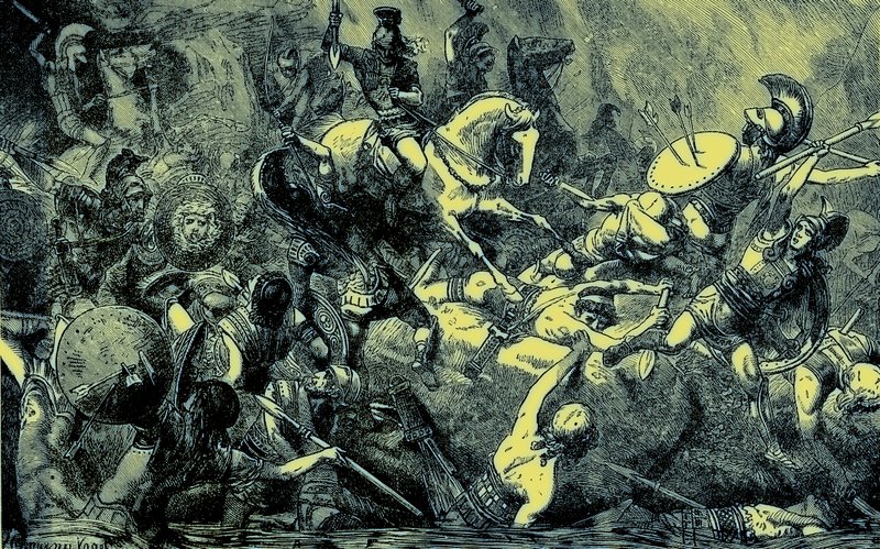 Ateenalaisen armeijan tuhoutuminen Sisiliassa, kuvitus teoksesta The Illustrated History of the World, julkaistu noin 1880 (digitaalisesti paranneltu kuva) tekijältä English School