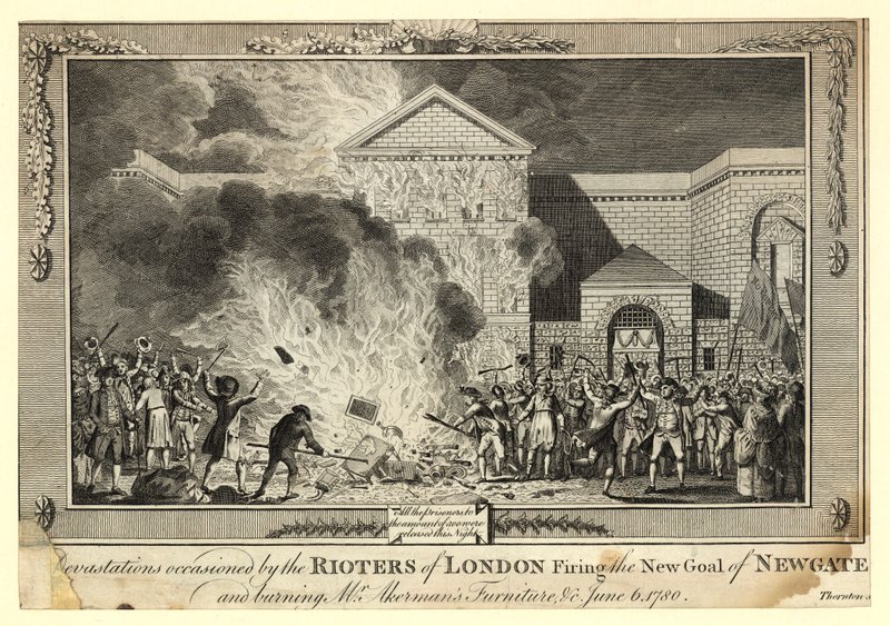 Lontoon mellakoijien Newgaten uuden vankilan ampumisen ja herra Akermansin huonekalujen polttamisen aiheuttamat tuhot 6. kesäkuuta 1780 tekijältä English School