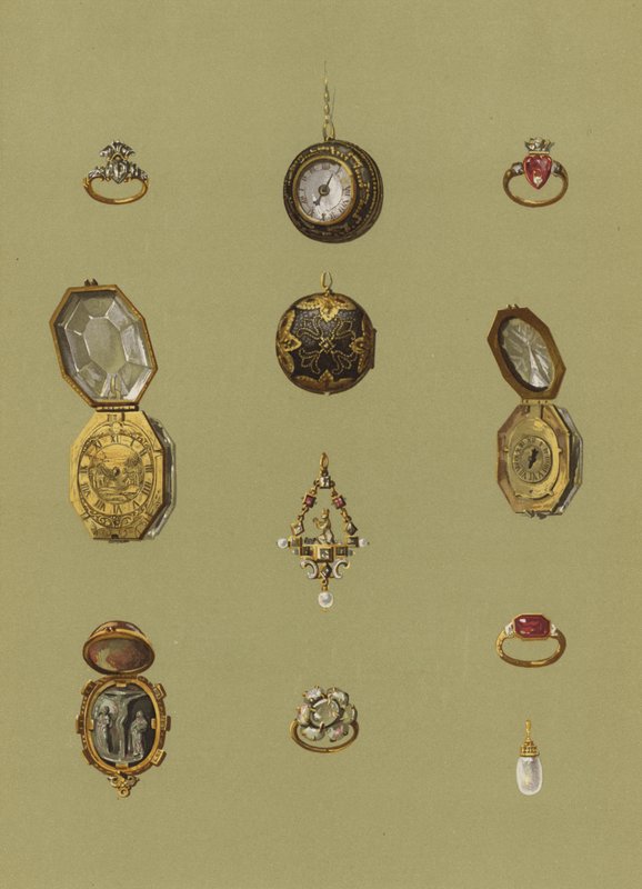 Timanttisormus, kultakello, Bloodstone Cameo, kultakello, jalokivinen pasianssi, Mary Queen of Scots -surusormus, Prinsessa Elisabetin kultasormus, kahdeksankulmainen kultakello, kultasormus, helmikorvakoru tekijältä English School