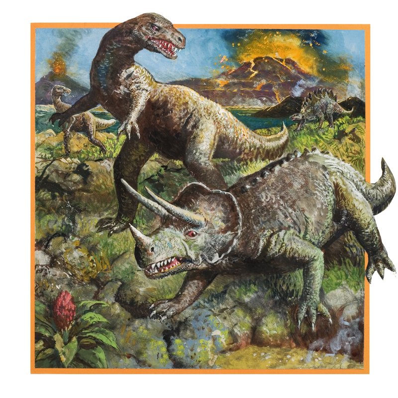 Dinosaurukset ja tulivuori (guassi paperille) tekijältä English School