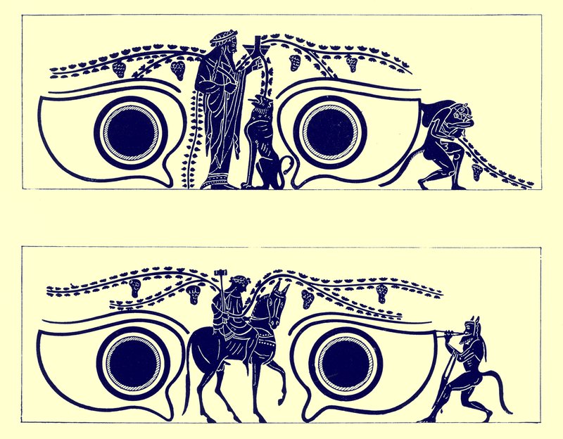 Dionysos, Hephaistos ja satyrs, kuvitus J. E. Harrisonin ja D. S. MacCollin kreikkalaisesta maljamaalauksesta, julkaistu 1894 (digitaalisesti paranneltu kuva) tekijältä English School