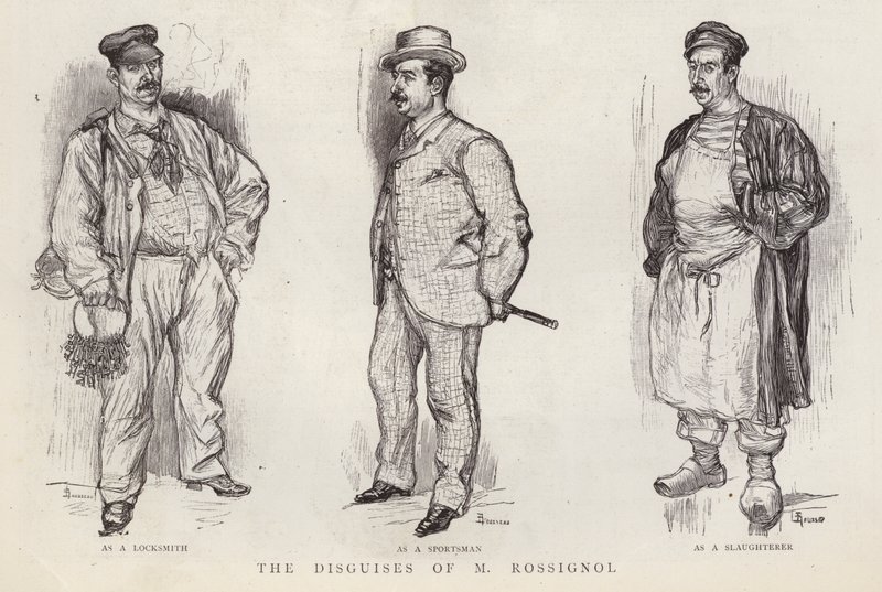 Parisilaisen poliisietsivän Gustave Rossignolin (litho) käyttämät naamiot tekijältä English School