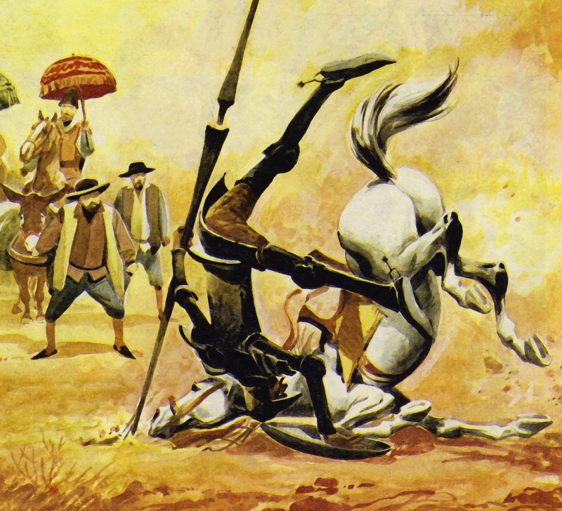Don Quijote kannusti Ronzinantea, mutta hevonen kaatui tekijältä English School