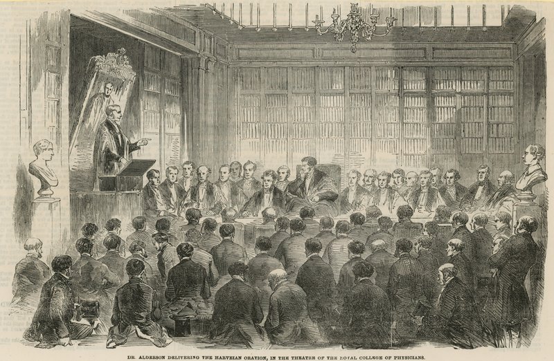 Tohtori Alderson pitää Harveian puheen Royal College of Physiciansin teatterissa tekijältä English School