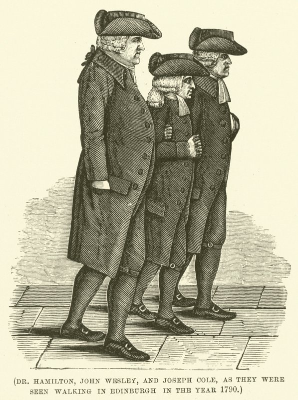 Tohtori Hamilton, John Wesley ja Joseph Cole, kun heidät nähtiin kävelemässä Edinburghissa vuonna 1790 (kaiverrus). tekijältä English School