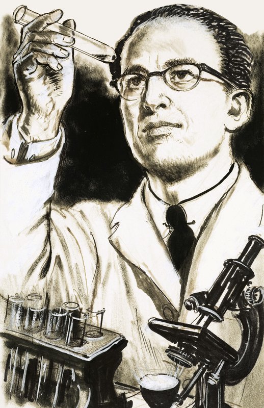 Tohtori Jonas Salk, poliorokotteen luoja, katsoo koeputkea tekijältä English School