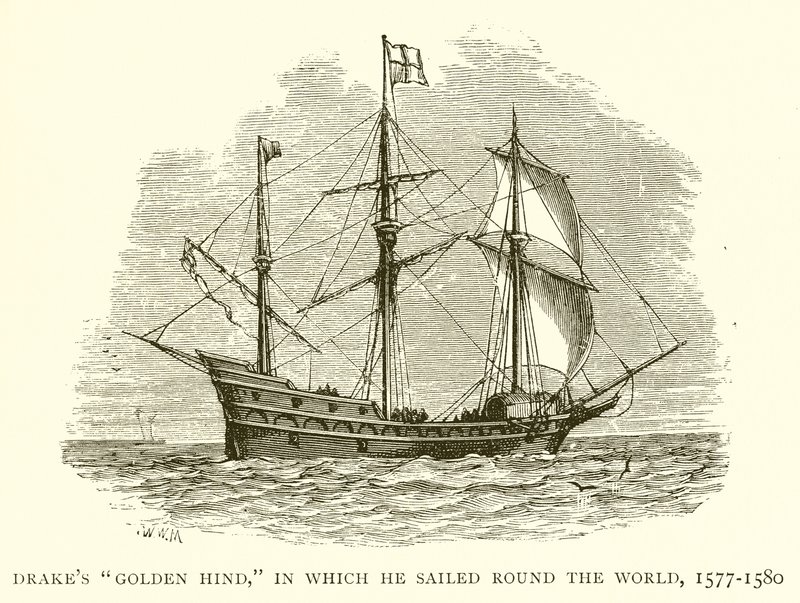 Drakes Golden Hind, jossa hän purjehti maailman ympäri, 1577-1580 tekijältä English School