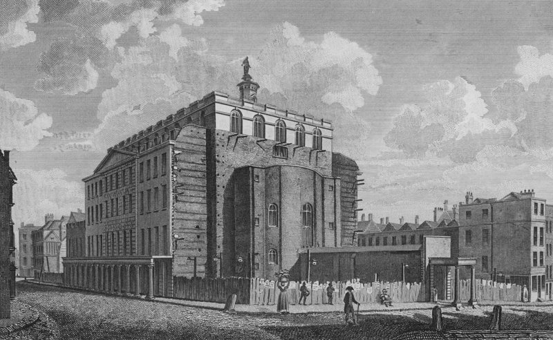 Drury Lane Theatre, Westminster, paloi vuonna 1809 (kaiverrus) tekijältä English School