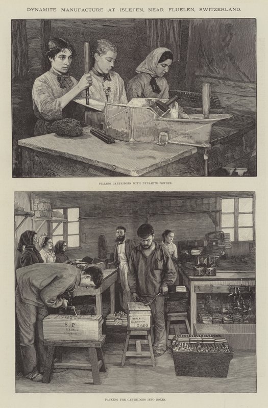 Dynamiitin valmistus Isletenissä, lähellä Fluelenia, Sveitsi (kaiverrus) tekijältä English School