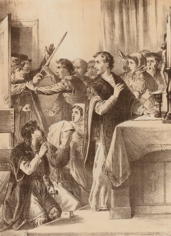Edmund Genings, "Rikkoi auki kamarin oven, jossa hän juhli" (litografia). tekijältä English School