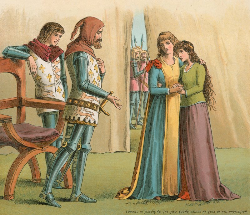 Edward III vakuuttaa Poixin kahdelle nuorelle naiselle suojelustaan tekijältä English School
