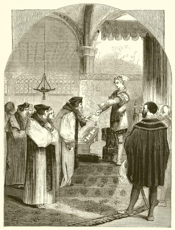 Edward VI. Joan Bocherin teloitusmääräyksen esittäminen arkkipiispa Cranmerille tekijältä English School