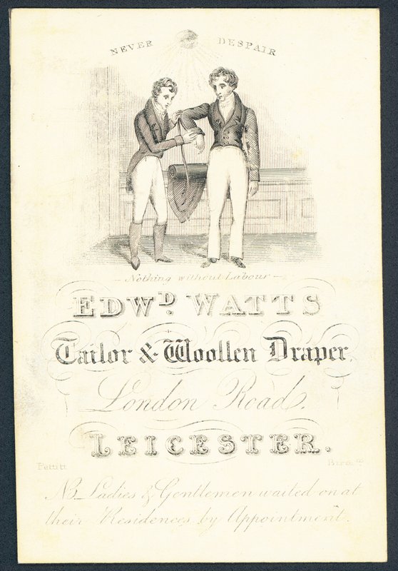 Edward Watts, räätäli ja villakangas, kauppakortti tekijältä English School