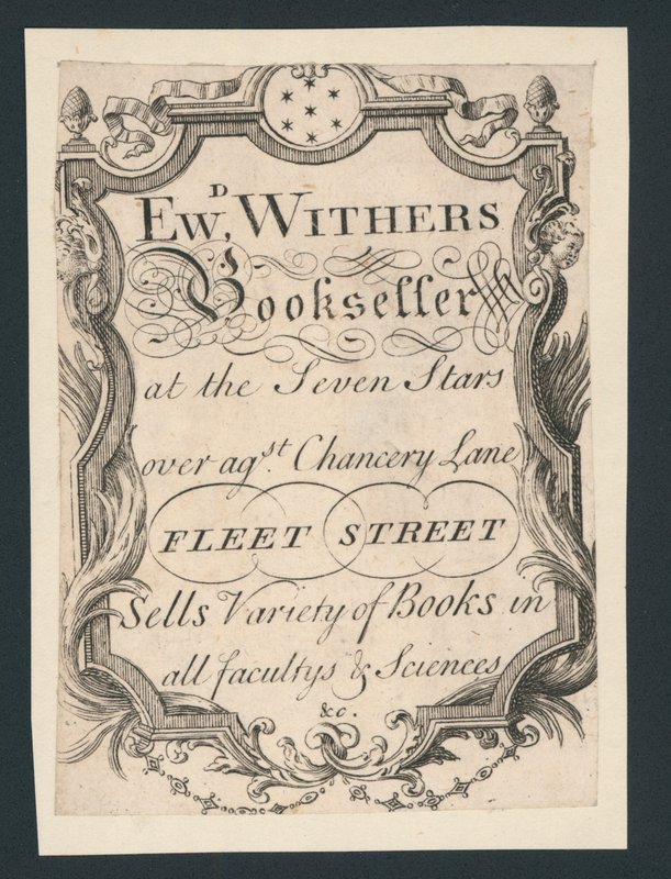 Edward Withers, kirjakauppias, Chancery Lane, Fleet Street, kauppakortti tekijältä English School