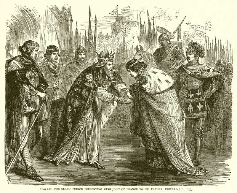 Edward Musta prinssi esittelee Ranskan kuninkaan Johnin isälleen Edward III:lle, 1357 tekijältä English School