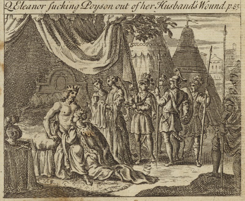 Kastilian Eleanor, Englannin kuninkaan Edward I:n kuningatar puoliso, joka imi myrkkyä miehensä haavasta, kärsi salamurhayrityksestä Acressa, 1272 tekijältä English School