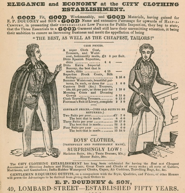 Eleganssia ja taloudellisuutta City Clothing Establishmentissä; E P Doudney & Son, 49 Lombard Street, Lontoo tekijältä English School