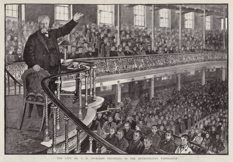 Erityinen englantilainen baptistisaarnaaja Charles Haddon Spurgeon saarnaa Metropolitan Tabernaclessa Lontoossa (litho) tekijältä English School