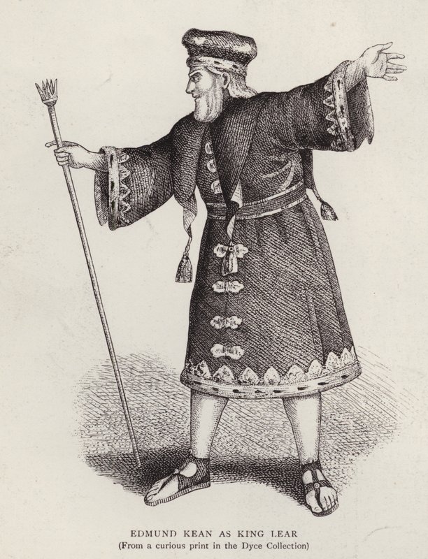 Englantilainen näyttelijä Edmund Kean nimiroolissa Shakespearen kuningas Learissa (litho) tekijältä English School
