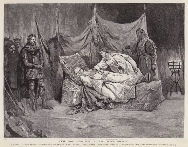 Englantilaiset näyttelijät Henry Irving ja Ellen Terry Shakespearen Kuningas Learin tuotannossa Lyceum Theatressa, Lontoossa tekijältä English School