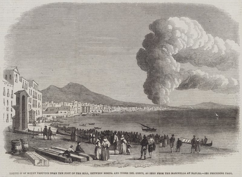 Vesuvius-vuoren purkaus lähellä kukkulan juurta, Resinan ja Torre del Grecon välissä, nähtynä Napolin Marinellasta (kaiverrus) tekijältä English School