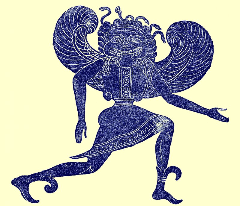 Etruskien gorgon, Campana-museosta, kuvitus Rooman historiasta, Victor Duruy, julkaistu 1884 (digitaalisesti paranneltu kuva) tekijältä English School