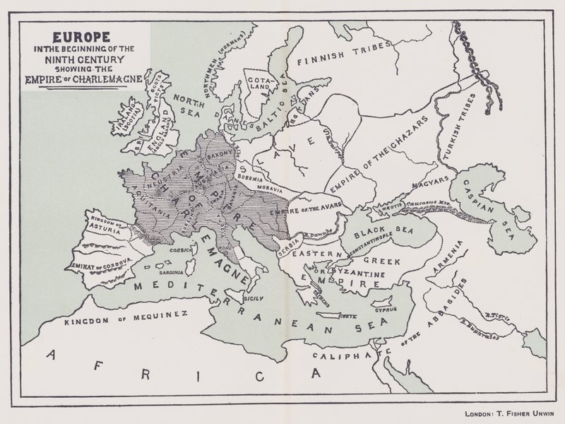 Eurooppa 1800-luvun alussa, jossa näkyy Kaarle Suuren valtakunta (värilitografia). tekijältä English School