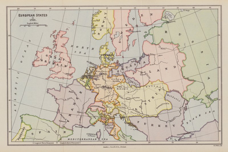 Euroopan valtiot vuonna 1792 (värilitografia) tekijältä English School