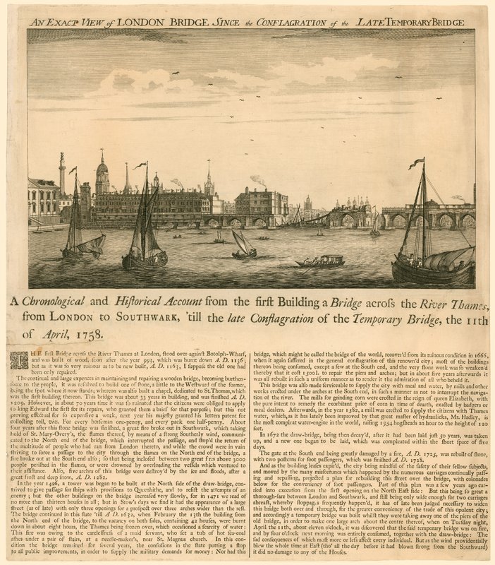 Tarkka näkymä London Bridgestä myöhäisen väliaikaisen sillan tulipalon jälkeen, 11. huhtikuuta 1758 tekijältä English School